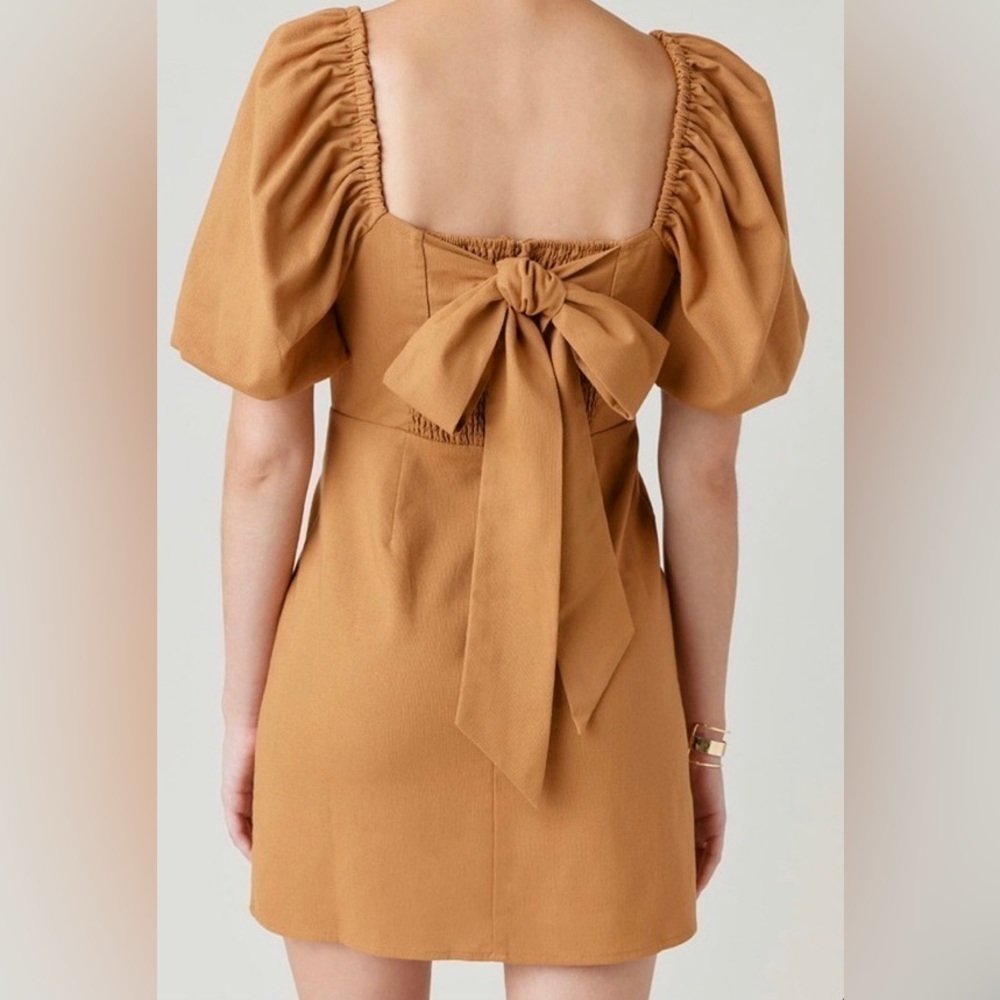 Grettie Bow Back brown Mini Dress puff sleeves - Picture 4 of 7